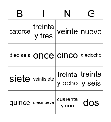 Los números Bingo Card