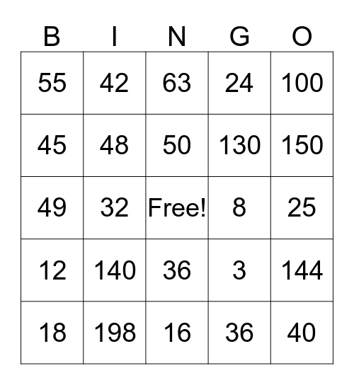 Multiplication Bingo Card
