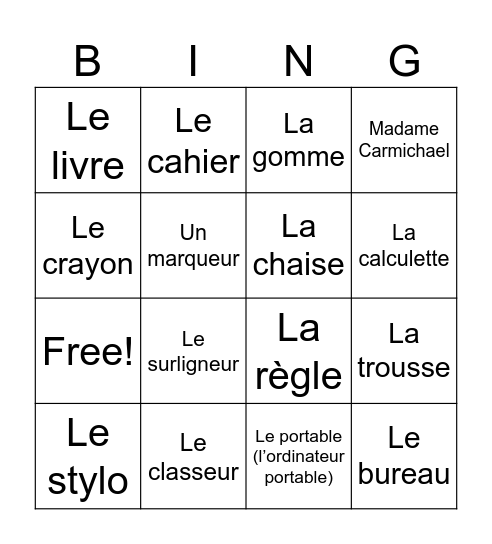 French classroom objects Bingo Card