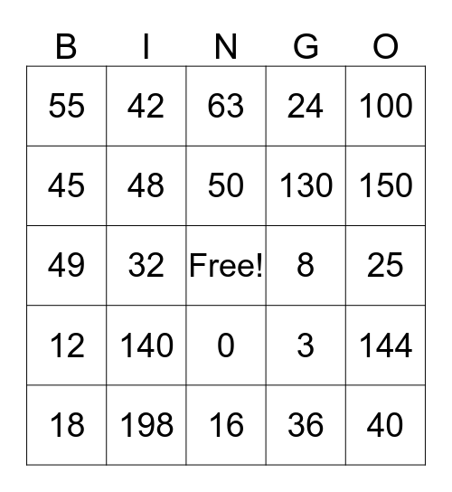 Multiplication Bingo Card