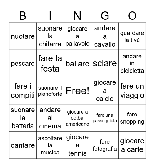 I passatempi in italiano Bingo Card