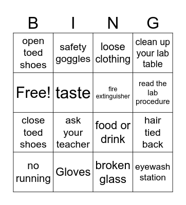 Lab Safety Bingo Card