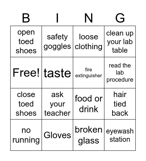 Lab Safety Bingo Card