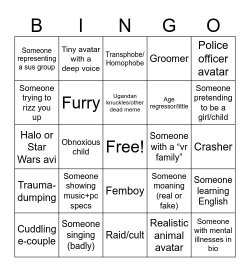 Vrchat Public Lobby Bingo Card