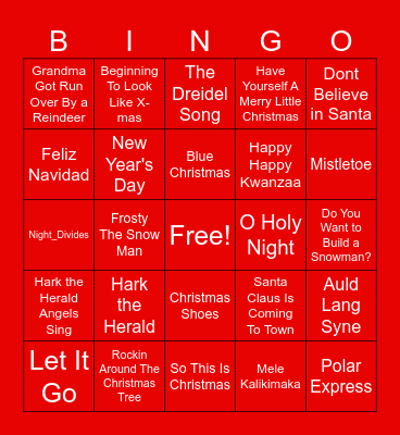 Winter Music Bingo Card