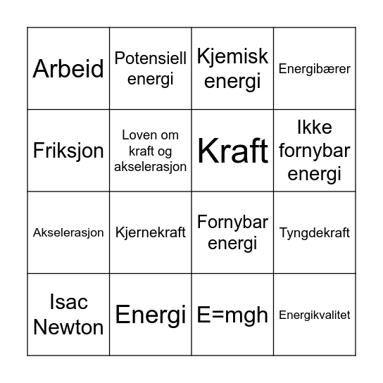 Energi og krefter Bingo Card