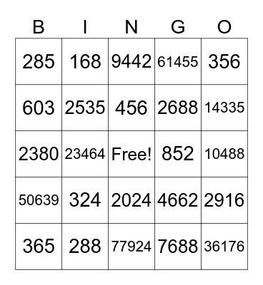 Multiplication Bingo Card