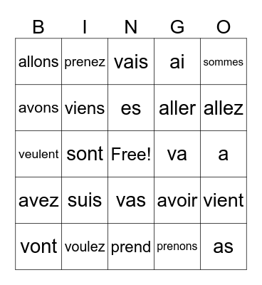 Irregular verbs French Bingo Card