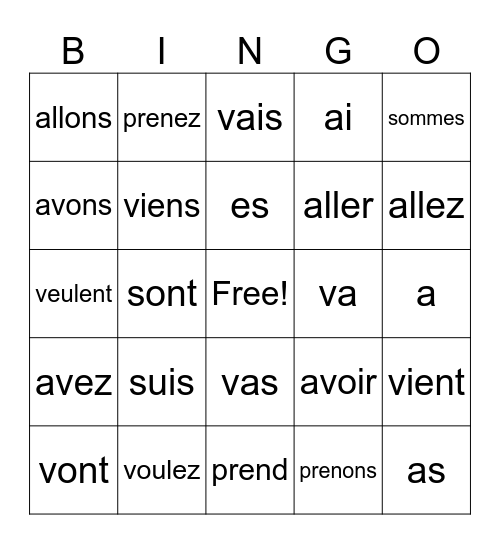 Irregular verbs French Bingo Card