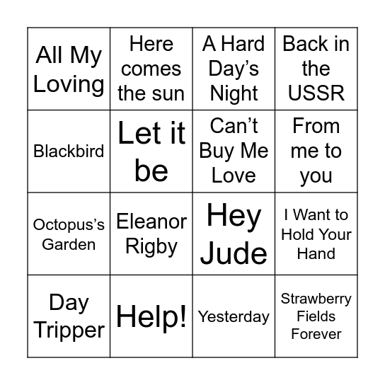 Beatles Bingo Card