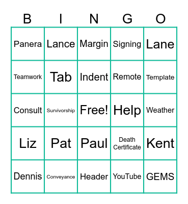 Lunch N Learn Bingo Card