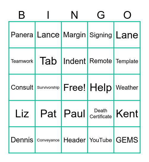 Lunch N Learn Bingo Card