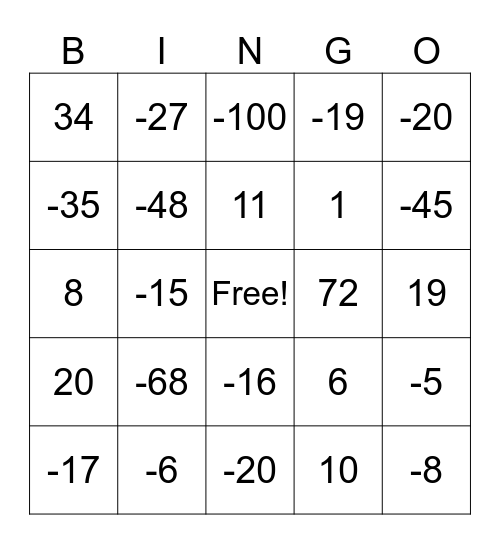 Integer Bingo Card