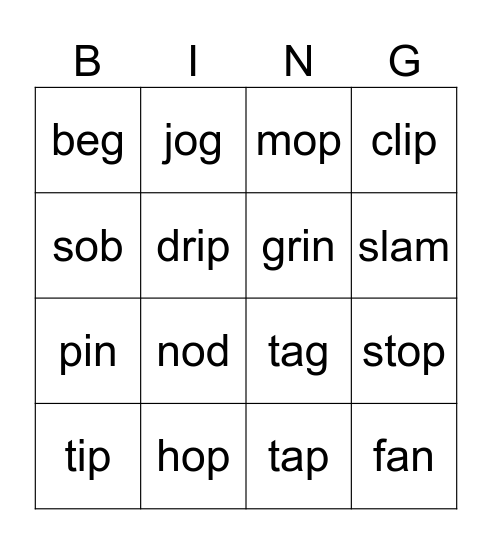 Doubling Consonants (-ed and -ing) Bingo Card