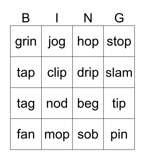 Doubling Consonants (add -ed and -ing) Bingo Card
