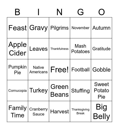 Thanksgiving Bingo! Bingo Card