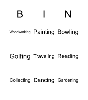 Activities Bingo Card