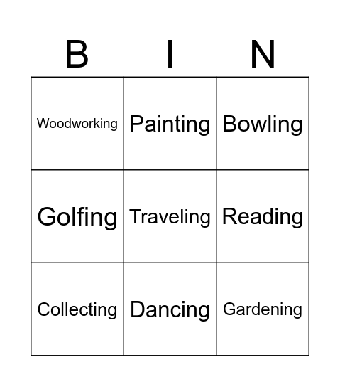 Activities Bingo Card