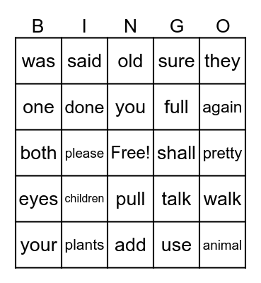 Sight Word Bingo Card