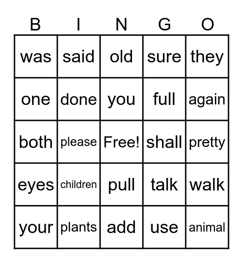 Sight Word Bingo Card