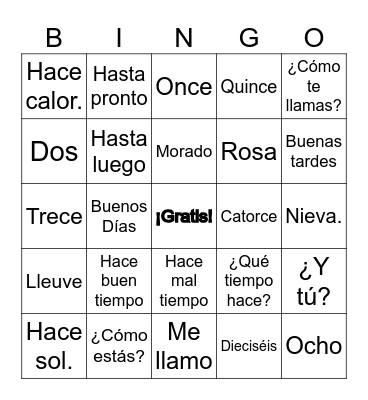 Espagnol Bingo Card