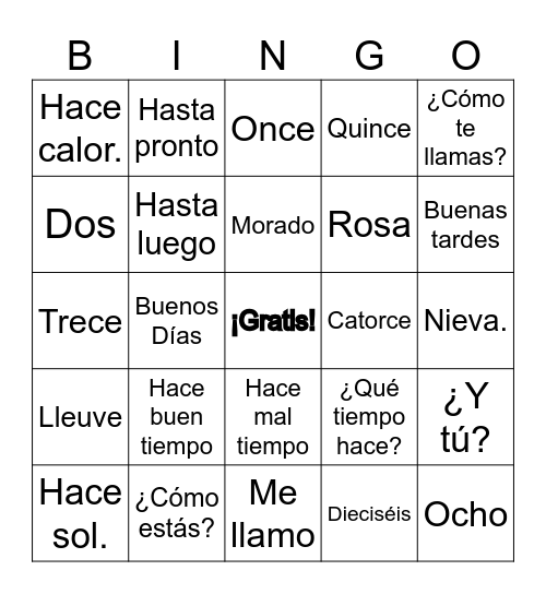 Espagnol Bingo Card