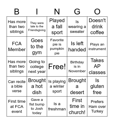 FCA Friendsgiving Bingo Card