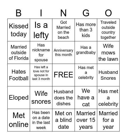 Marriage Ministry Date Night Bingo Card