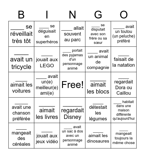 Quand ______ était jeune... Bingo Card