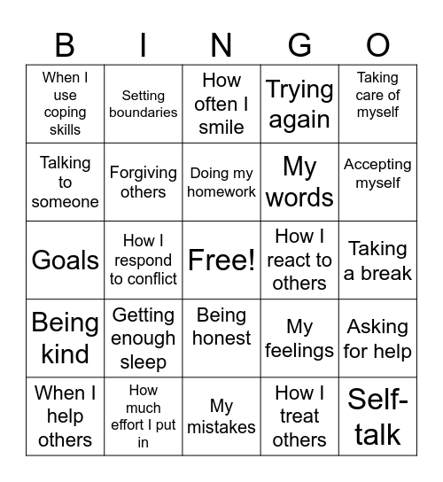 Self-Control Bingo Card