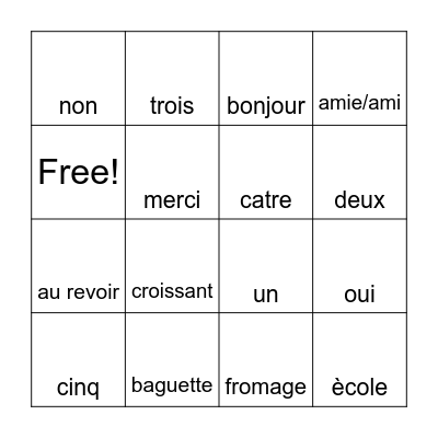 Let's Learn French! Bingo Card