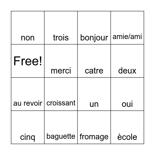 Let's Learn French! Bingo Card
