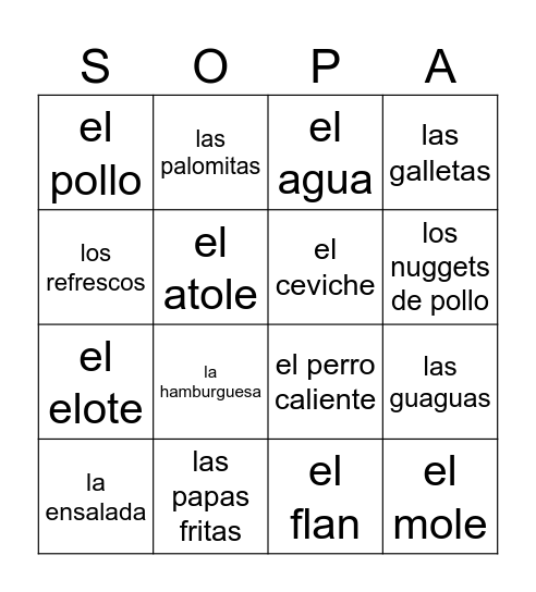 LA COMIDA Bingo Card