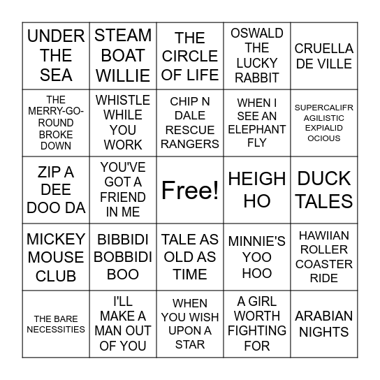 DISNEY SONGS Bingo Card