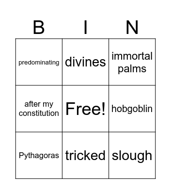 English bingo Card