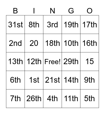 Ordinal Numbers Bingo Card