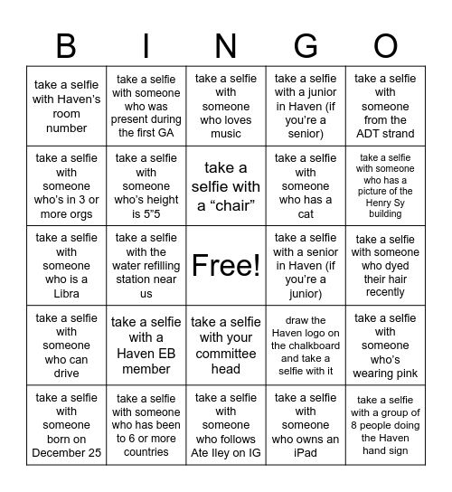 HAVEN SELFIE BINGO Card