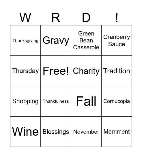 WRD Thanksgiving Bingo Card