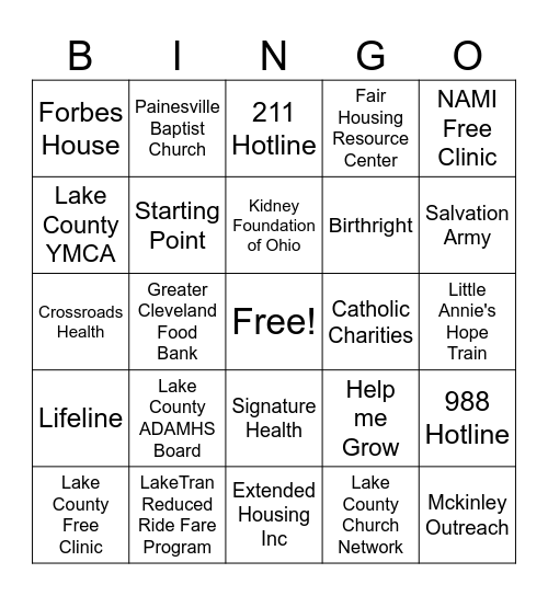 Lake County Resources Bingo Card
