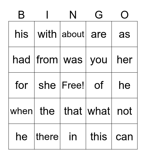 Sight Word Bingo Card