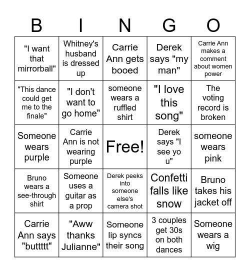 DWTS Semi-Finals Bingo Card