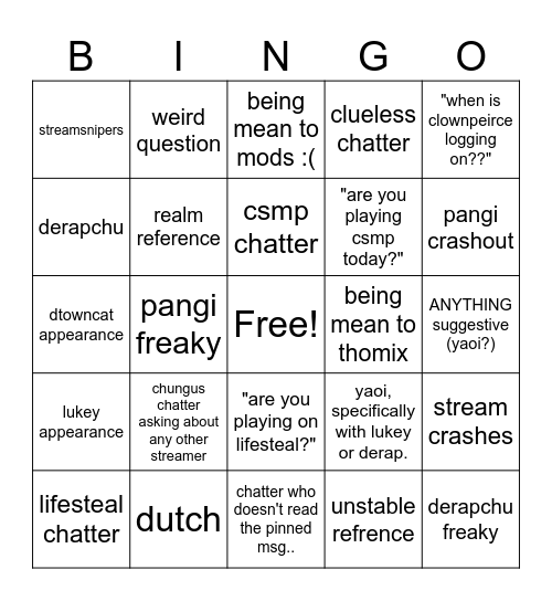 average pangi chat/stream Bingo Card