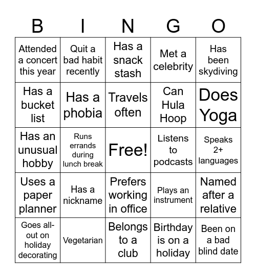 Icebreaker Bingo Card