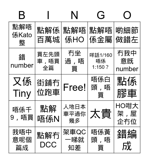 香港鐵道模型家唔買既理由 Bingo Card