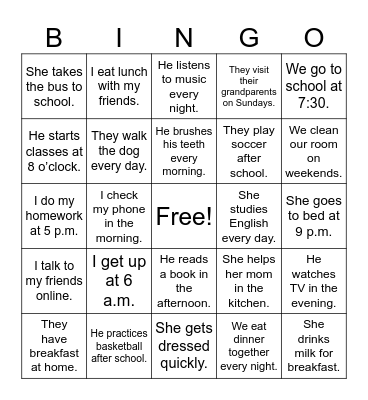 Present Simple Bingo Card