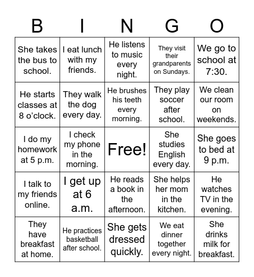 Present Simple Bingo Card