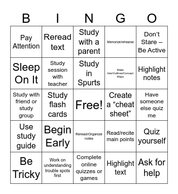 Study Skills Bingo Card