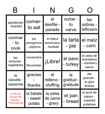 El Día de Acción de Grad Bingo Card