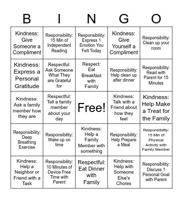 Respect-Responsibility-Kindness at Home Bingo Card
