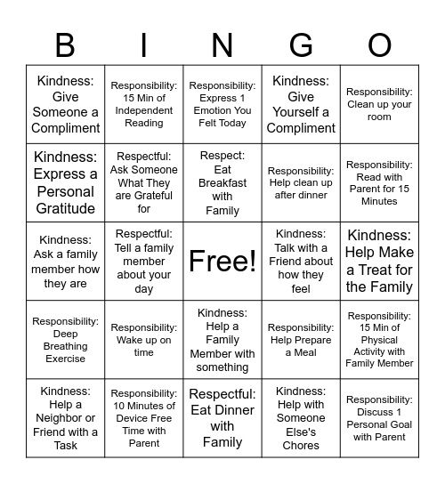 Respect-Responsibility-Kindness at Home Bingo Card